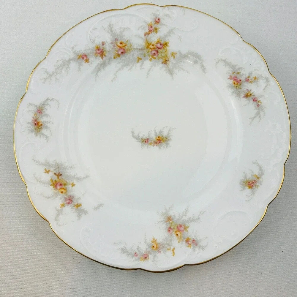 Limoges‎ Elite 6 Dinner Plate Lot Pink Yellow Floral Spray Gold Rim J.Mc.D&S